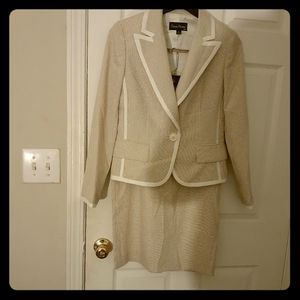Beige/white pinstripe suit